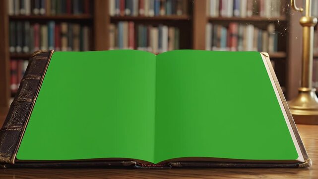 Open book with green screen pages on wood table in library, lamp lit. Bookshelves blurred behind