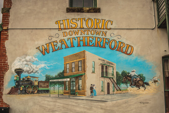 Historic Downtown Weatherford Mural Painting of Building and Old Town Scene on Side of Wall in Downtown Weatherford, Texas