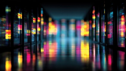 Obraz premium Server room aisle with colorful glowing hardware reflections on floor.