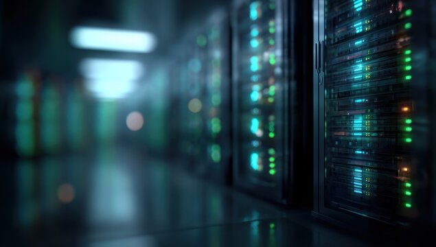 Server room aisle with glowing data center equipment lights.