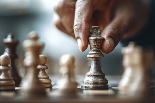 Hand moves dark king piece on a wooden chessboard close up.