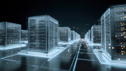 Fototapeta premium Abstract digital server racks glow with blue light in dark space.