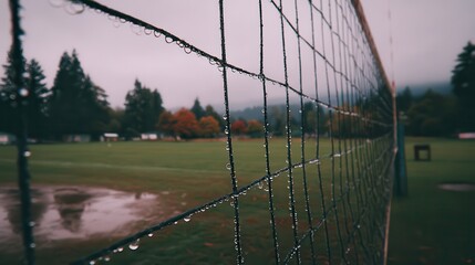 Fototapeta premium Close up view of volleyball net with water drops on it in the field