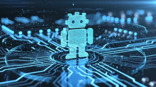 A futuristic video showcasing a robotic figure made of glowing blue circuits and wires on a dark background