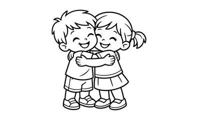 Fototapeta premium Cute cartoon children hugging each other with happy smiles, black and white illustration