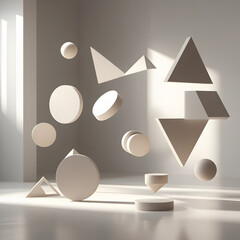 Soft beige abstract 3D shapes including spheres, cones, and cubes floating against a minimalist background with gentle shadows.