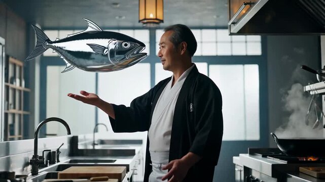 A skilled chef in traditional attire showcasing a floating fish in a modern kitchen with elegant design elements and natural light
