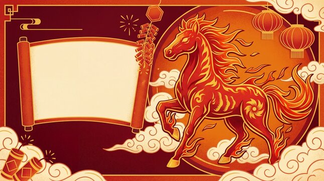 Fiery Horse Chinese Zodiac Background with Scroll and Lanterns