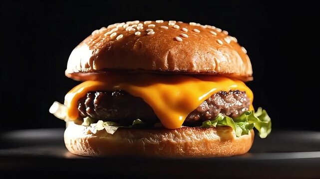 Close-up cinematic b-roll footage of a delicious fast food burger with melted cheese, lettuce, and a sesame seed bun, perfect for food commercials and vlogs