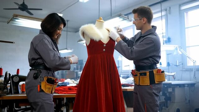 Two tailors examining a stylish red dress with white fur trim in a well-lit sewing workshop with various tools around them