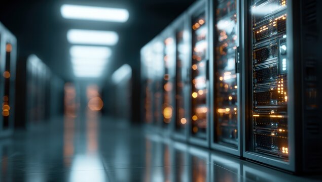 Server room aisle with glowing orange and blue lights in racks.