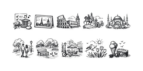 Fototapeta premium Cultural landmarks linear icon set. Historical and travel line art icons collection