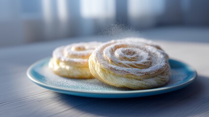 Spiral Puff Pastries with Falling Powdered Sugar on Blue Plate