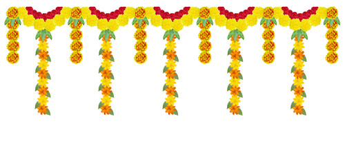 Marigold flower garland decoration backdrop for wedding decor, Happy Diwali, Indian Holiday festival background