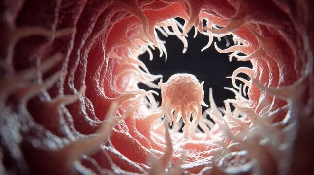 Parasite Oncosphere Larva Attaching to Intestinal Villi 3D View