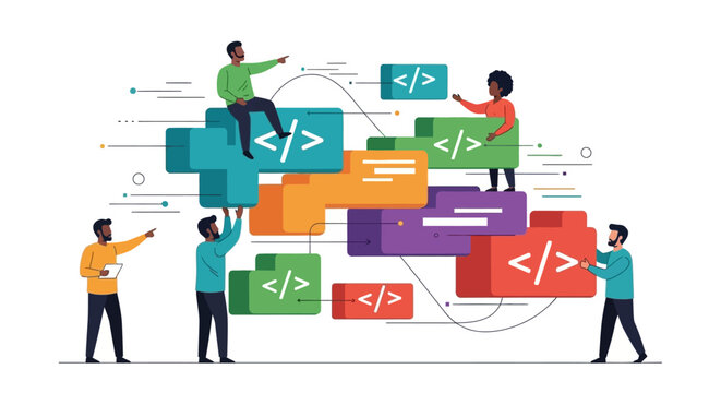 Software development team building modular code blocks. Digital engineering collaboration, API integration, and agile programming project management concept.