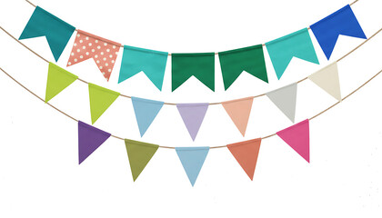 Obraz premium Colorful flags in various shapes. Decorative flags for birthday parties, Saint John's Festival, Carnival, and festive events. Transparent background.