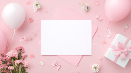 Aesthetic Pastel Composition: A collection of festive elements, including balloons, flowers, a gift box, and a blank card, are arranged on a delicate pink surface.