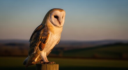 Fototapeta premium A majestic barn owl perched on a wooden post at sunset, looking alert in the golden hour light.