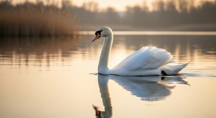 Obraz premium Elegant white swan gliding serenely on calm water at sunrise or sunset, its reflection shimmering.