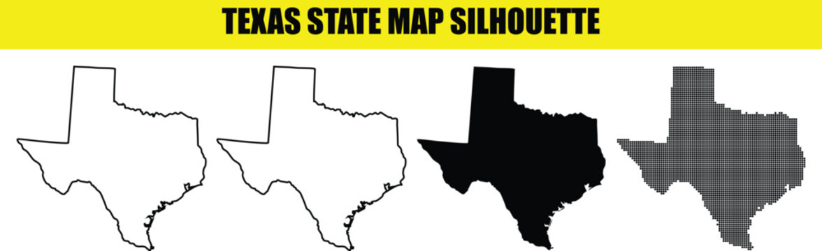 Texas state map silhouette set vector illustration, outline, solid, and halftone maps for design