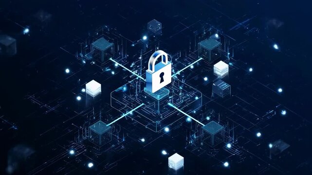 A padlock is at the center of interconnected glowing blue cubes, lines, and a dark background