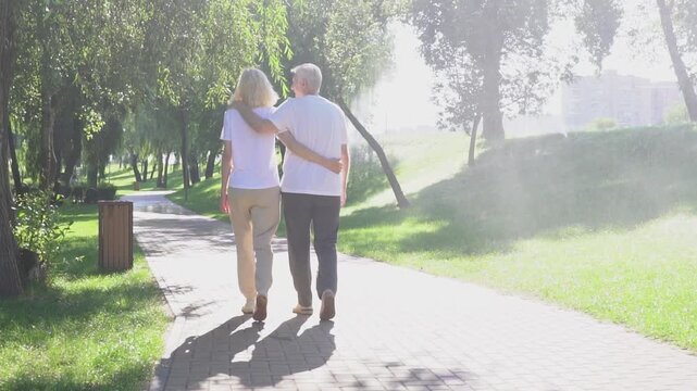 elderly couple in love walking in the park and holding hands, gray-haired man and woman walking and talking in the nature in the forest and smiling, back view