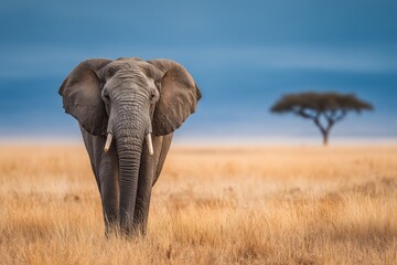 Fototapeta premium Massive African elephant stands in savanna under blue sky with acacia tree in distance during soft morning light