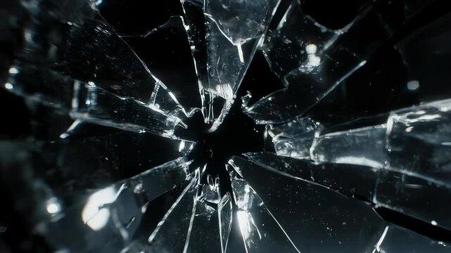 Shattered glass radiating from a dark central point, reflecting light. Fragments appear sharp