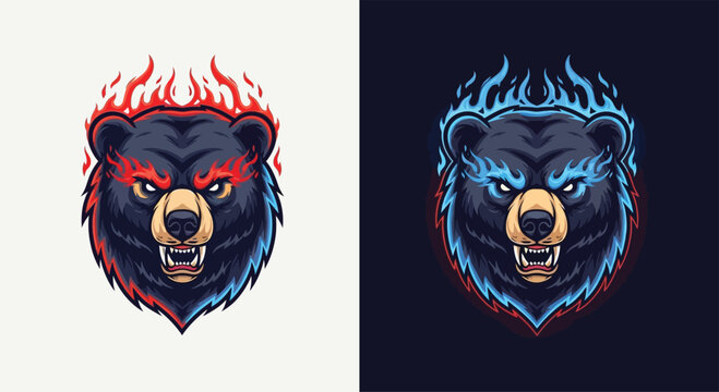 Two fierce bear heads with contrasting flames, one with red and blue fire, the other with blue fire, in a detailed mascot style.