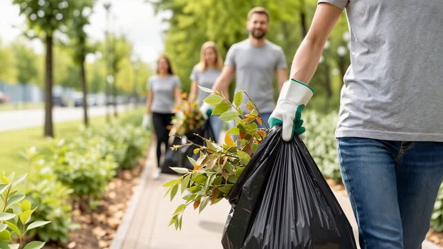 outdoor video of volunteers walking in line collecting trash and plant waste in bags, showing teamwork, community action, and environmental responsibility