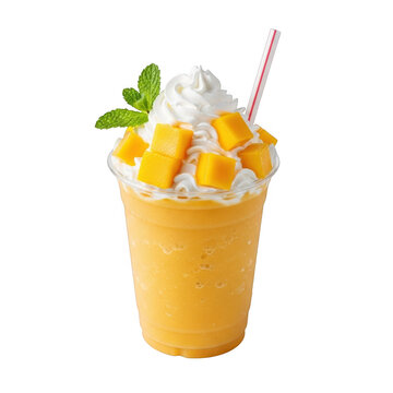 Refreshing mango smoothie with whipped cream and fresh mint isolated on transparent background