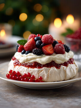 Pavlova dessert with mixed berries and cream for christmas