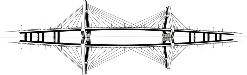 Fototapeta premium Cable-stayed bridge top view illustration, black and white sketch, architectural engineering drawing, symmetrical design, dual roadway structure, modern bridge concept art