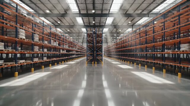 Wide warehouse interior with rows of storage shelves, reflective floor, and skylights