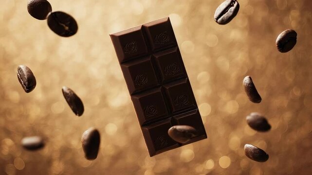 A chocolate bar levitates amidst scattered coffee beans, set against a blurred golden backdrop