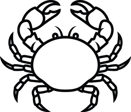 Black and white outline illustration of a crab facing forward crustacean seafood