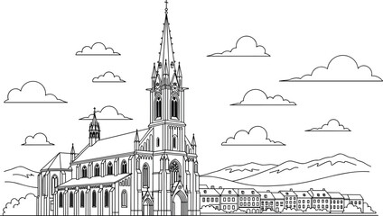 Detailed line art illustration of historic gothic church cathedral with tall spire, cityscape background, mountains and clouds, isolated on white for architecture and travel design