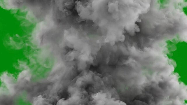 A professional animation of a thick, circular white smoke explosion billowing and expanding on a green screen. Ideal for cinematic fire effects, atmospheric fog, and professional video overlays