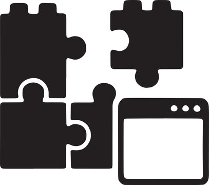 Four puzzle pieces locking together with a code symbol, illustrating the modular nature of web frameworks and the integration of pre-built code structures, solid black vector