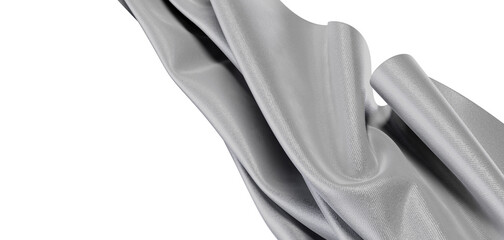 Close-up of a flowing silver fabric with detailed texture against a clean white background. Perfect for design and textu