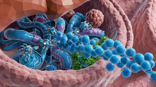 Cinematic Microscopic View Inside a Liver Lobule Showing Hepatocyte Blood Filtration and Enzymatic Breakdown of Harmful Toxins