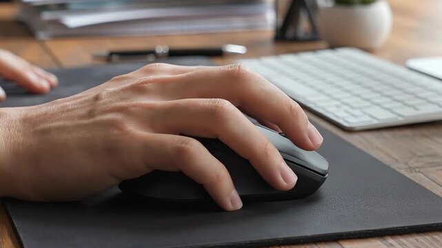 A detailed close-up shot of a person's hand navigating with a wireless computer mouse on a black mousepad. Ideal for technology, office productivity, and professional business workflow video projects