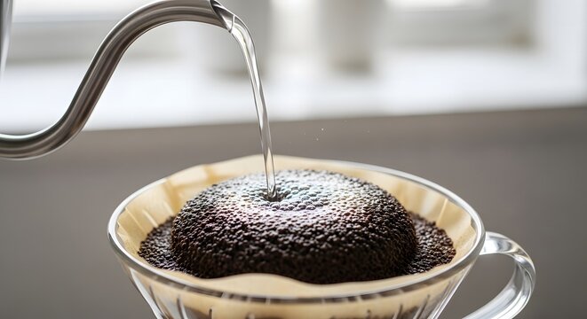 Hand Drip Coffee Brewing Process with Pour Over Kettle and Fresh Grounds