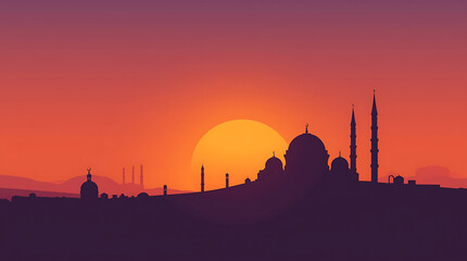 Ramadan Kareem background with mosque silhouettes against a large sunset sun and purple sky