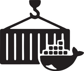 A shipping container hanging from a crane hook with a small whale hint, symbolizing Docker containers, isolation, and portable software deployment, bold graphic icon