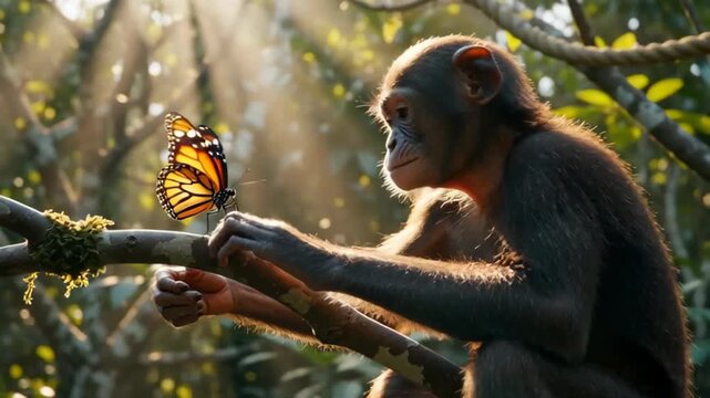 A young chimpanzee gently interacting with a vibrant butterfly while sunlight streams through the dense jungle leaves