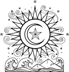 Fototapeta premium Celestial Sun and Moon Line Art Illustration with Mountains Waves and Stars