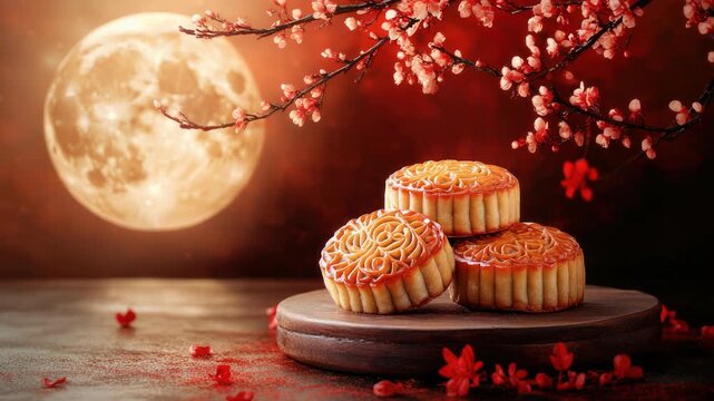 Moon cakes placed against the backdrop of a full moon, celebrating Mid-Autumn Day in China. The perfect scene for cultural and seasonal food promotions with space for text. Ideal for banners, flyers