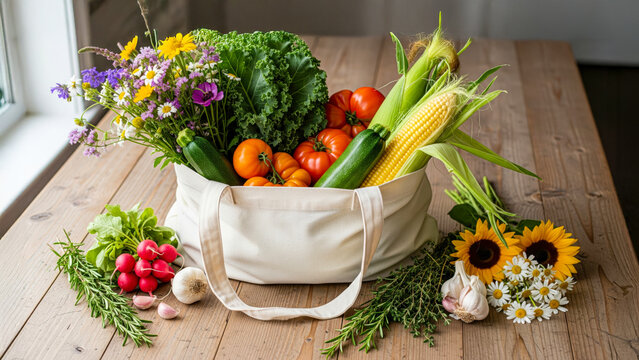 Eco friendly tote bag filled with fresh vegetables herbs and flowers on rustic wooden table farm to table organic produce concept